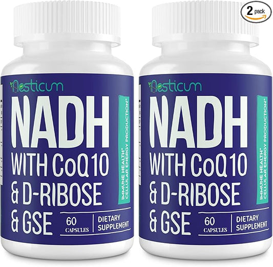 NADH 50mg + CoQ10 200mg + D-Ribose 150mg Supplement, Boosting NAD+ Supplements for Immune System, Cellular Energy, Focus, Reduced Nicotinamide Adenine Dinucleotide, 120 Veggie Capsules