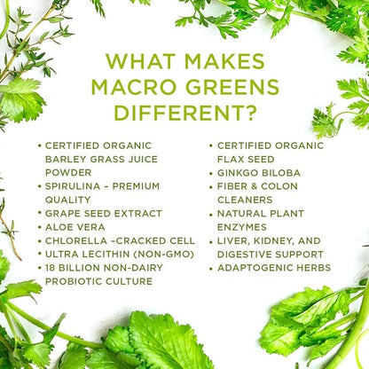 MacroLife Naturals Macro Greens Powder 38 Superfood Probiotic Antioxidant Enzyme & Herbal Supplement Immunity Energy Cleanse - Non-GMO Vegan Gluten-Free Dairy-Free - 10oz (30 Servings)