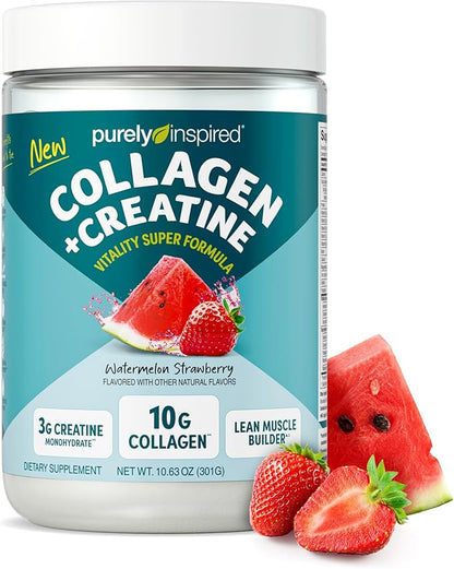 Purely Inspired Collagen and Creatine Powder, Watermelon Strawberry - 10g Collagen & 3g Creatine Builds Lean Muscle - Flavored Drink Mix with Key Electrolytes - Gluten-Free & Zero Sugar