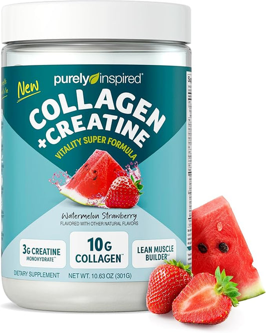 Purely Inspired Collagen and Creatine Powder, Watermelon Strawberry - 10g Collagen & 3g Creatine Builds Lean Muscle - Flavored Drink Mix with Key Electrolytes - Gluten-Free & Zero Sugar
