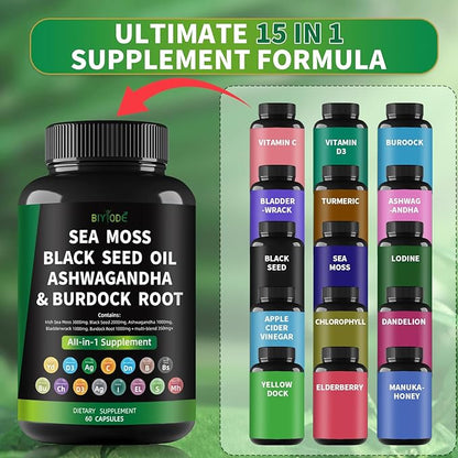 Sea Moss Capsules: Sea Moss Black Seed Ashwagandha Bladderwrack Burdock Root Multi-Blend Vitamin D3 C Vitamin 60 Capsules 30 Day Supply