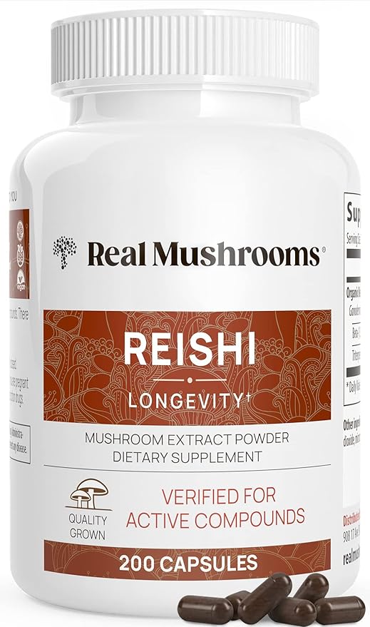 Real Mushrooms Reishi Capsules - Organic Mushroom Extract Supplement with Potent Red for Longevity, Mood, Sleep, Immune Support Vegan Supplement, Non-GMO, 200 Caps