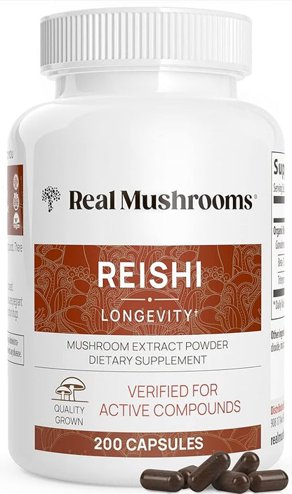 Real Mushrooms Reishi Capsules - Organic Mushroom Extract Supplement with Potent Red for Longevity, Mood, Sleep, Immune Support Vegan Supplement, Non-GMO, 200 Caps