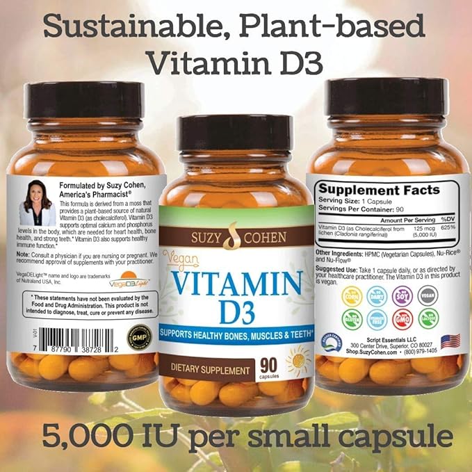 Script Essentials Vegan Vitamin D3 5,000 IU for Healthy Muscle Function, Bone Health, and Immune Support - Non-GMO, Gluten Free and Kosher Certified - 90 Servings