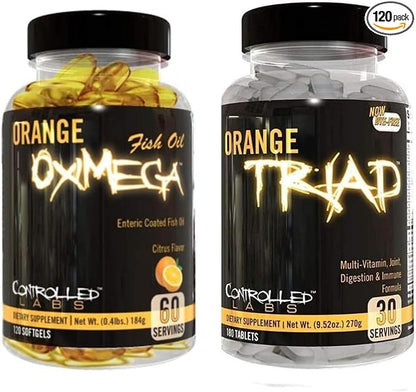 CONTROLLED LABS Overall Health Bundle, 30 Servings Orange Triad, 120 Count Orange Oximega Fish Oil, Muscle Building and Recovery Supplement for Men and Women