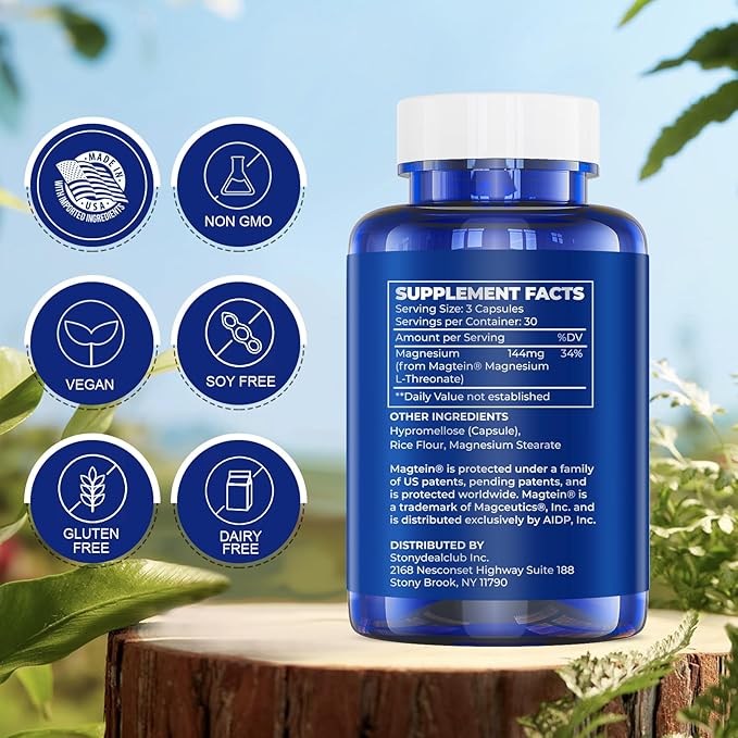 Magnesium L-Threonate Capsules, Original Patented Magtein™ Form of Magnesium (Mg), Improve Memory, Cognition and Sleep Quality (90 Capsules)