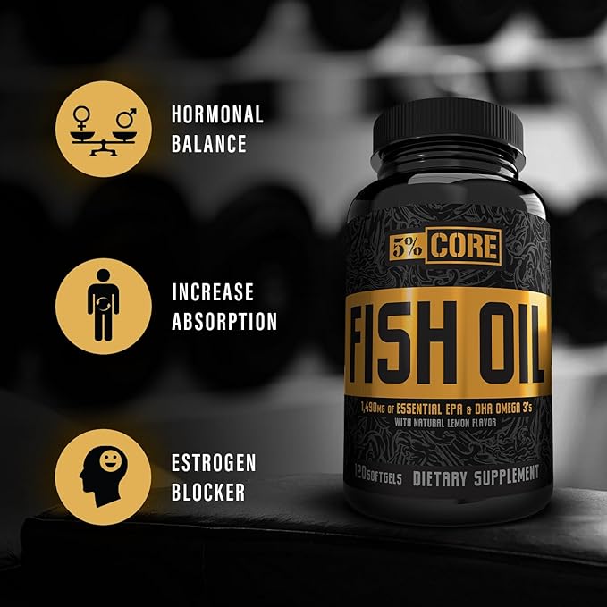 5% Nutrition Core Fish Oil Supplement | 2,500 mg EPA DHA Omega 3 Fatty Acid Supplement | Burpless Fish Oil for Faster Recovery, Joint Support, Heart Health (60 Servings / 120 Softgels)