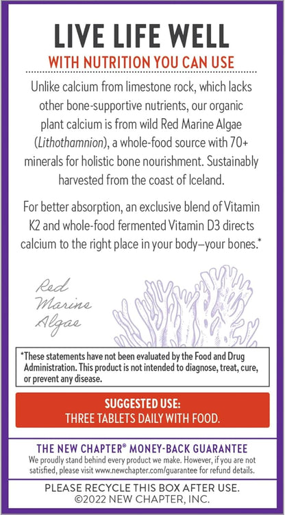 New Chapter Calcium Supplement - Bone Strength Organic Calcium with Magnesium, Vitamin D3+K2, 70+ Trace Minerals for Bone Health, Gluten Free, Easy to Swallow Slim Tablets - 120 Count