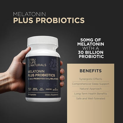Melatonin 50mg Plus Probiotics 30 Bill CFU/Better Sleep/Night Formula/Sleep Support Supplement & Balanced Gut Health - Easy to Take | Supports Digestive & Immune System Function