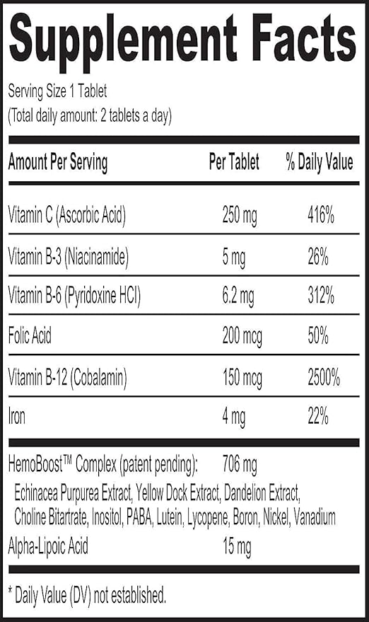 Natural Blood Builder Iron Supplement and Support for Healthy RBC & Oxygen Levels and Red Blood Cells Production for Women and Men - 60 Pills