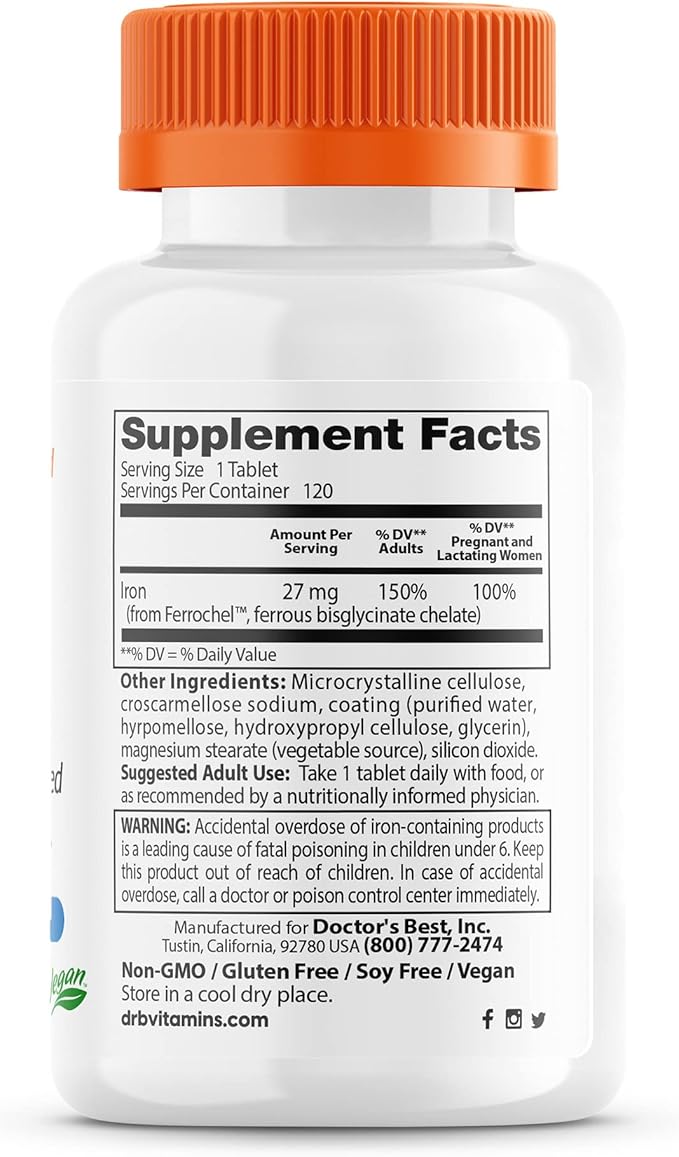 Doctor's Best High Absorption Iron Tablet with Ferrochel, Gentle on The Stomach, Immune Health, Blood Health, 27 mg (Pack of 2)