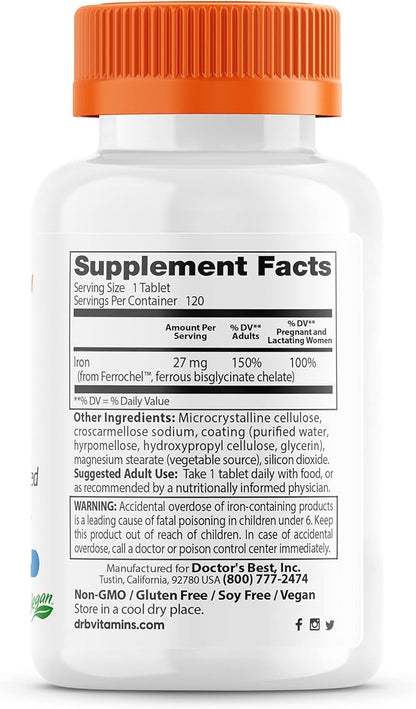 Doctor's Best High Absorption Iron Tablet with Ferrochel, Gentle on The Stomach, Immune Health, Blood Health, 27 mg (Pack of 2)