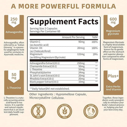 10-in-1 Cortisol Supplements with Magnesium, Ashwagandha, Chamomile, L-Theanine, Phosphatidylserine, St. John's Wort, Rhodiola, Vitamin C & D3, for Women Men, 120 Vegan Capsules for 2 Month, Non-GMO