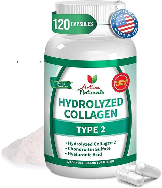 Collagen Type 2 Hydrolyzed Supplement with Chondroitin and Hyaluronic, for Healthy Hair, Skin, Nails, and Joints, No Fillers, Additives, and No Artificial Colors - 120 Vegetarian Capsules