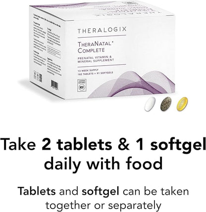 Theralogix TheraNatal Complete Prenatal Vitamin Supplement - 91-Day Supply - with DHA, Vitamin D3, Folate, Iodine, Choline, Iron, Vitamin B6 & More - NSF Certified - 182 Tablets & 91 Softgels