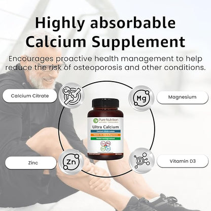 Pure Nutrition Ultra Calcium Citrate 1000mg Highly absorbable Calcium Supplement with Calcium Citrate Malate, Vitamin D, Zinc and Magnesium - 1 Tablet Daily (180 Veg Tabs) Non-GMO | Gluten-Free