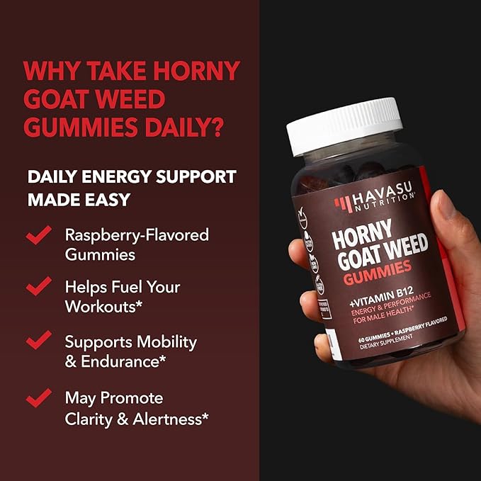 Horny Goat Weed Gummies with Vitamin B12 - Energy, Endurance & Performance Support for Male Health - 60 Count - Vegetarian-Friendly, Non-GMO, Pectin-Based - Raspberry Flavor, 1 Month Supply