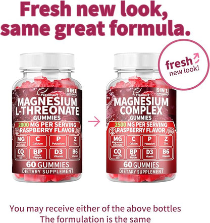 Magnesium Gummies 2000mg with Vitamin D3 & B6 Magnesium Complex Gummies Supplement for Brain & Sleep and Memory & Attention Made in USA 60 Counts Raspberry Flavor