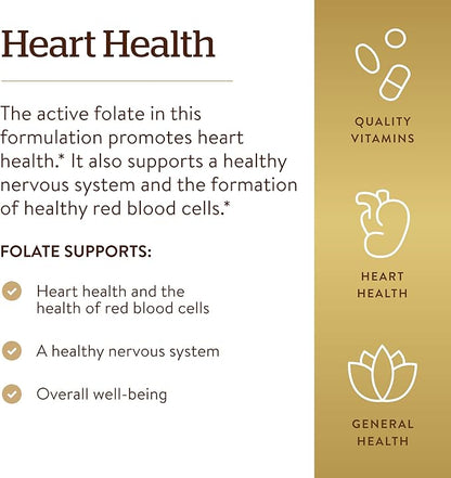 Solgar Folate 1000 mcg, 120 Tablets - 1000 mcg Bio-active Metafolin - Heart Health - Vegan, Gluten Free, Dairy Free, Kosher - 120 Servings