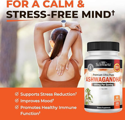 BioSchwartz Ashwagandha Supplements - Extra Strength Ashwagandha Capsules 500mg Per Serving - Gluten Free, Non-GMO, Made in The USA with Globally Sourced Ingredients, 60 Servings (120 Count)