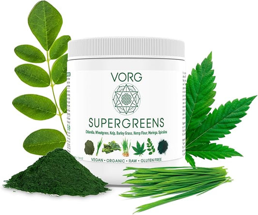 VORG SuperGreens – Organic Green Superfood Powder | Chlorella, Barley Grass, Moringa, Spirulina, Wheatgrass | Probiotics, Digestive Enzymes & Fiber for Energy, Detox & Gut Health (5.92)