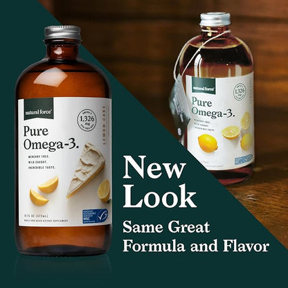 Natural Force Pure Omega 3 - Liquid Fish Oil - Delicious Lemon Cake Flavor - Mercury Free, Wild Caught, Lab Tested - 1,326 mg Triglyceride EPA, DHA, & DPA - 16 Oz Glass Bottle