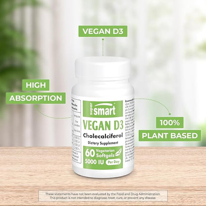 Supersmart - Vegan Vitamin D3 Supplement 5000 IU - 100% Plant Based Cholecalciferol - Sourced from GMO-Free & Pesticide-Free Algae | Non-GMO & Gluten Free - 60 Softgels