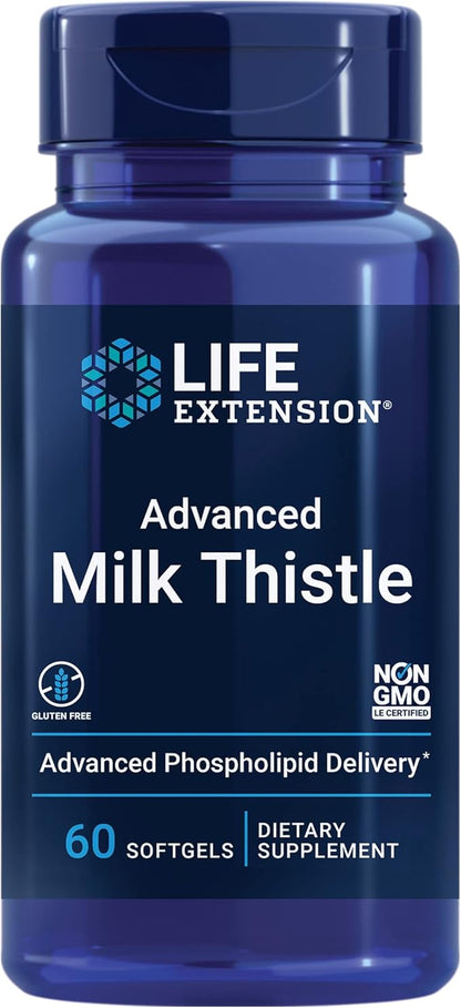 Life Extension Advanced Milk Thistle, silymarin, silybin, phospholipids, Promotes Healthy Liver Function, Gluten-Free, Non-GMO, 60 softgels