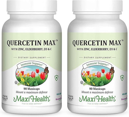 Maxi Health Quercetin 500mg with Zinc 30mg, Vitamin C 1000mg, Vitamin D 2500 IU, Elderberry 125mg - Vegetarian Health Supplement for Adults Kosher Certified - 90 Veggie Capsules (Pack of 2)