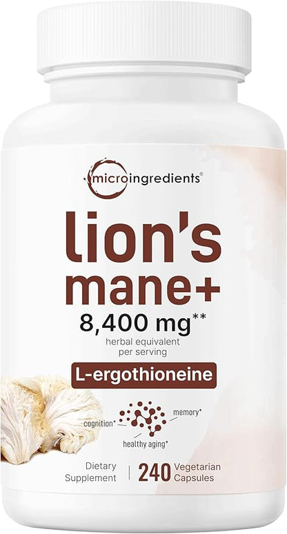 Micro Ingredients Lions Mane Supplement Capsules 8,400 mg Equivalent | 240 Veggie Capsules with L-Ergothioneine | Mushroom Supplement for Healthy Brain & Cognitive Support | Non-GMO, 4 Month Supply