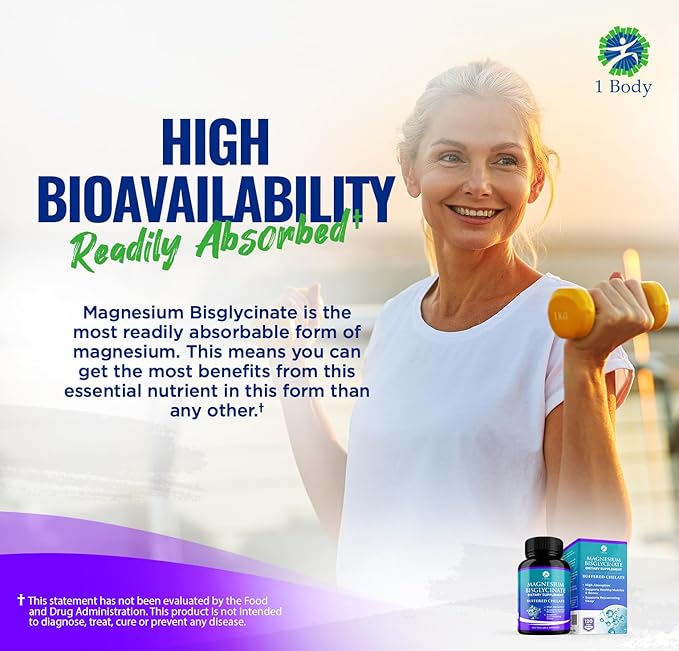 1 Body Magnesium Bisglycinate Supplement, 44 mg Pure Chelated Formula, 120 Capsules, Maximum Absorption, Muscle Cramp Relief