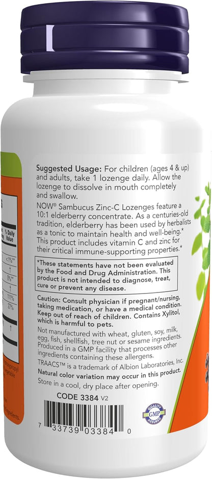 NOW Supplements, Sambucus Zinc-C with Elderberry Concentrate and Vitamin C, 60 Lozenges (Pack of 2)