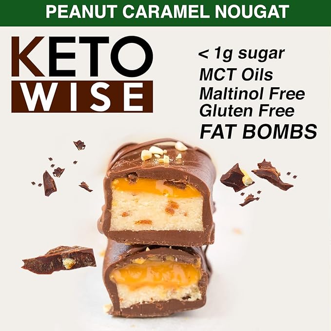 Keto Wise Fat Bombs - Made with Chocolate containing MCT Oil - Low Fat, Low Carb and Keto Friendly Snack - 7g Fat, 2g Net Carbs | Peanut Caramel Nougat, Pack of 16