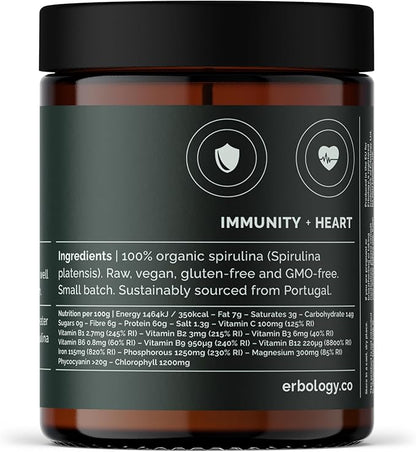 Erbology Organic Spirulina Powder 3.2 oz - 45 Servings - Sustainably Sourced in Portugal - Energy and Immunity Support - Rich in Chlorophyll, B Vitamins, Iron and Phosphorus - Vegan - GMO-Free