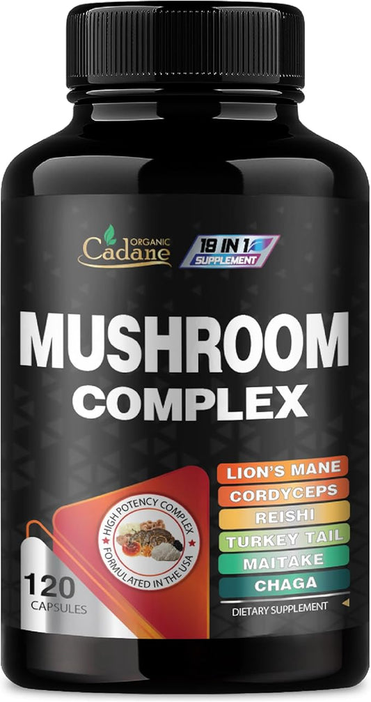 Cadane Mushroom Complex Supplements - 19in1 Concentrated with Lions Mane, Cordyceps Sinensis, Reishi, Turkey Tail Mushroom, Maitake, Chaga, Shiitake, Enoki & More - 120 Caps for 4 Months Supply