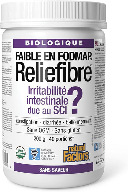 Natural Factors Organic Low FODMAP Reliefiber, Digestive Fiber Powder, Unflavored, 5.3 Oz