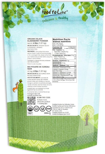 Food to Live Organic Black Elderberry Powder, 4 Pounds – Non-GMO, Made from Raw Dried Berries, Unsulfured, Vegan, Bulk, Great for Baking, Smoothies, Yogurts, No Sulphites, Contains Maltodextrin