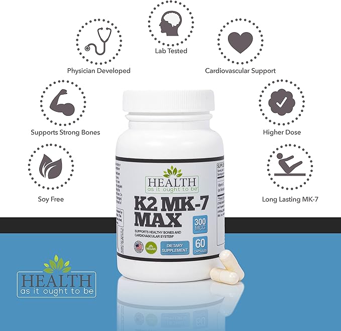 Health As It Ought To Be Vitamin K2 MK7 MAX Extra Strength 300mcg Supplemeny | Soy Free, Proven Bioavailability & Safety | 60 Capsules