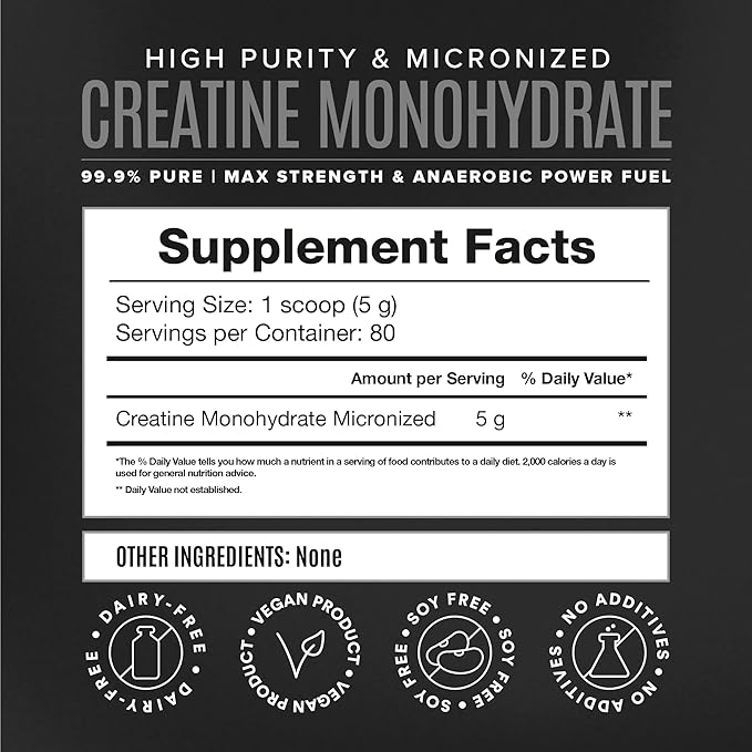Micronized Creatine Monohydrate Powder, Muscle Recovery, Caffeine Free, Creatine Pre Workout, Vegan, Post Workout, Gluten Free, Sugar Free | 80 Servings (5 Grams Each) | 0.8lb