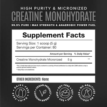 Micronized Creatine Monohydrate Powder, Muscle Recovery, Caffeine Free, Creatine Pre Workout, Vegan, Post Workout, Gluten Free, Sugar Free | 80 Servings (5 Grams Each) | 0.8lb