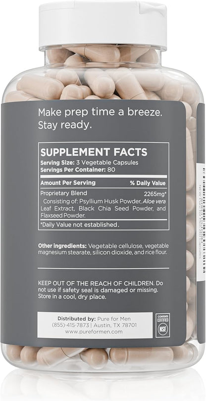 Pure for Men Original Cleanliness Stay Ready Fiber Supplement | Helps Promote Digestive Regularity | Psyllium Husk, Aloe Vera, Chia Seeds, Flaxseeds | Proprietary Formula | 60 Vegan Capsules
