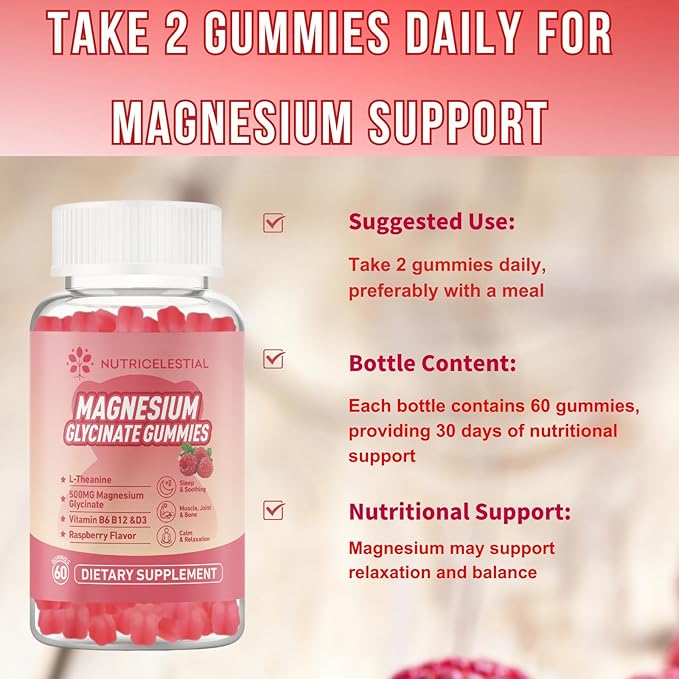 Magnesium Glycinate Gummies 500mg, High Absorption Magnesium Supplement, Suitable for Adults, Sugar-Free, Gelatin-Free, Vegan Friendly, Non-GMO, 60 Raspberry-Flavored Gummies
