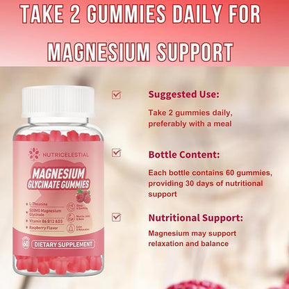Magnesium Glycinate Gummies 500mg, High Absorption Magnesium Supplement, Suitable for Adults, Sugar-Free, Gelatin-Free, Vegan Friendly, Non-GMO, 60 Raspberry-Flavored Gummies
