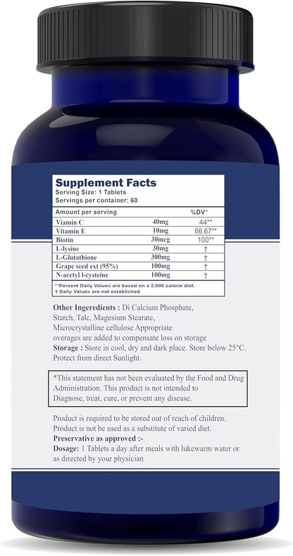 LADYTONIC Tablet (L-GLUTOTHIONE500MG) Vitamin C Grape Seed Extract | Vitamin E Tablets - (Pack of 1, 60 Tablets Each)