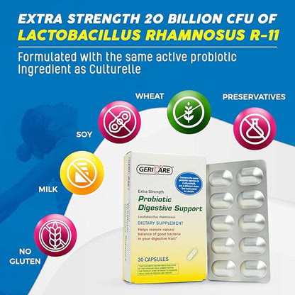 GeriCare Probiotic Digestive Support | Extra Strength 20 Billion CFU Lactobacillus Rhamnosus R-11 Daily Probiotic | Keeps Your Digestive System Balanced | 30 Capsules