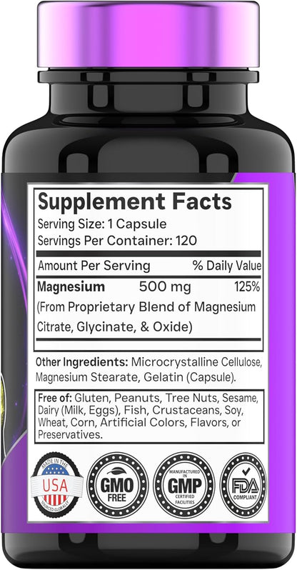 Triple Magnesium Complex Supplement 500mg: Magnesium Glycinate, Citrate, & Oxide - 120 Capsules (4 Month Supply!) | 1 Capsule Serving Provides 125% Daily Value | Non-GMO, Made in The USA!