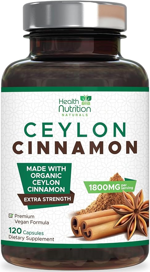 Organic Ceylon Cinnamon Capsules 1800 mg - Pure True Ceylon Cinnamon Powder Supplements, Certified Organic Herbal Supplement, Non-GMO, Gluten Free, Vegan, Antioxidant Pills Supplement - 120 Capsules