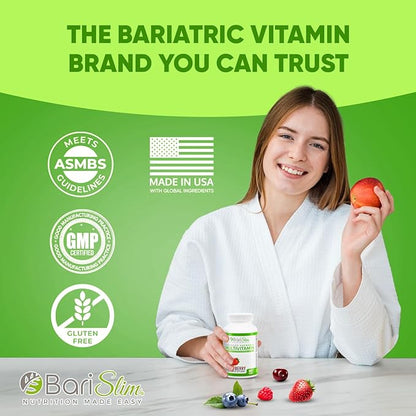 BariSlim Advanced Chewable Bariatric Multivitamin Tablets - Bariatric Vitamin and Supplement for Post Bariatric Surgery Including Gastric Bypass & Gastric Sleeve | Mixed Berry (60 Count)