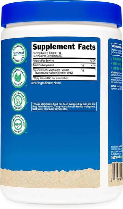Nutricost Organic Reishi Mushroom Powder 0.5LB (8oz) - USDA Certified 100% Organic, Vegetarian, Non-GMO, Gluten Free