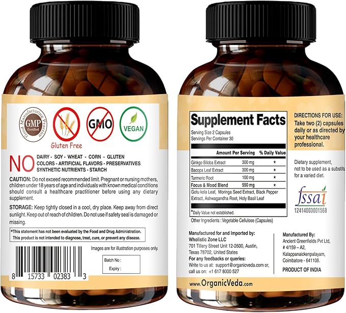 Organic Veda Ginkgo Biloba Turmeric Bacopa Brain Supplement for Memory, Mood & Focus with Ashwagandha - Concentration, Energy & Brain Booster, Healthy Joints & Circulation Support - 60 Vegan Capsule